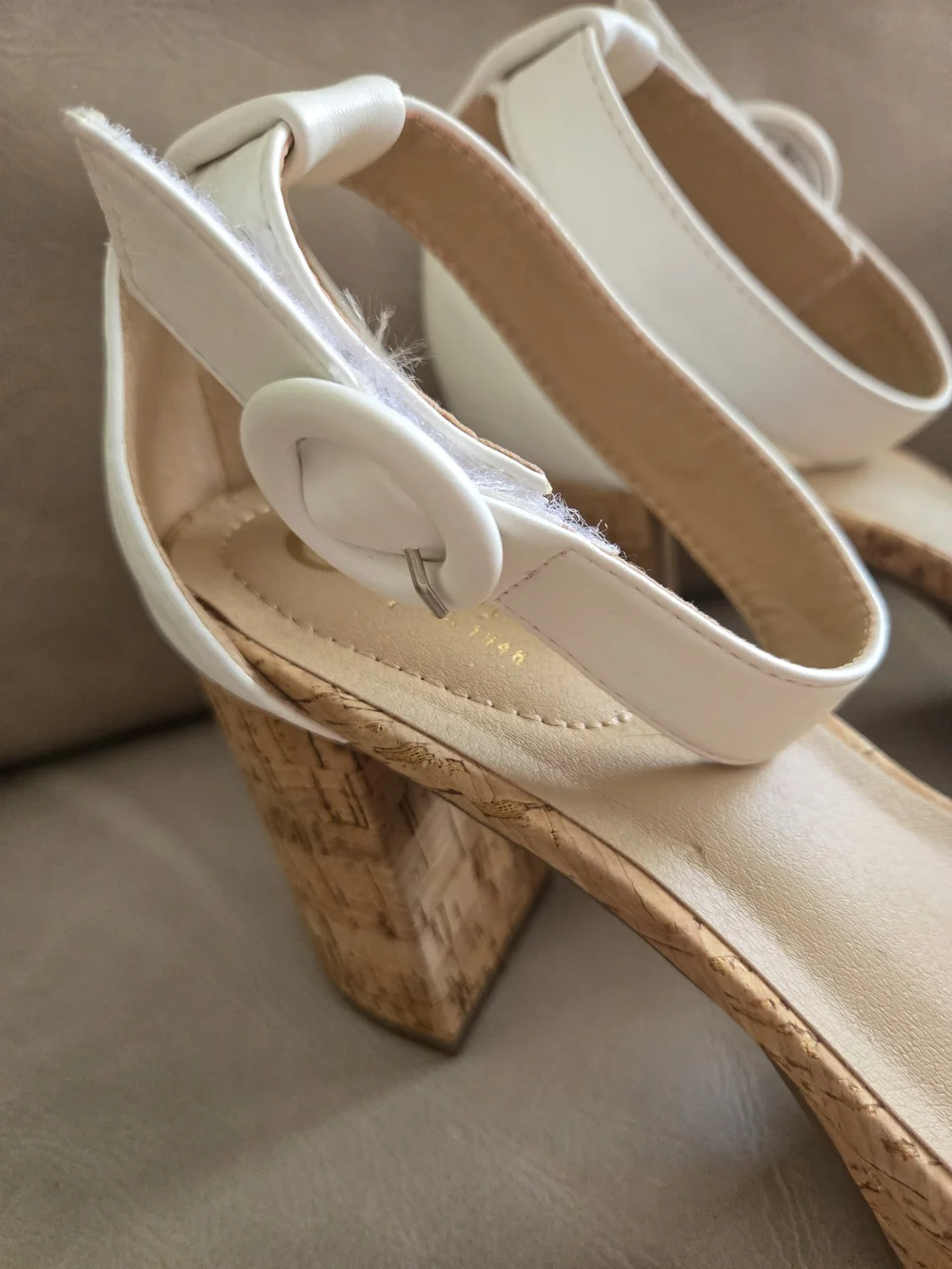 White Cork Block Heel Sandals with Velcro Ankle Strap